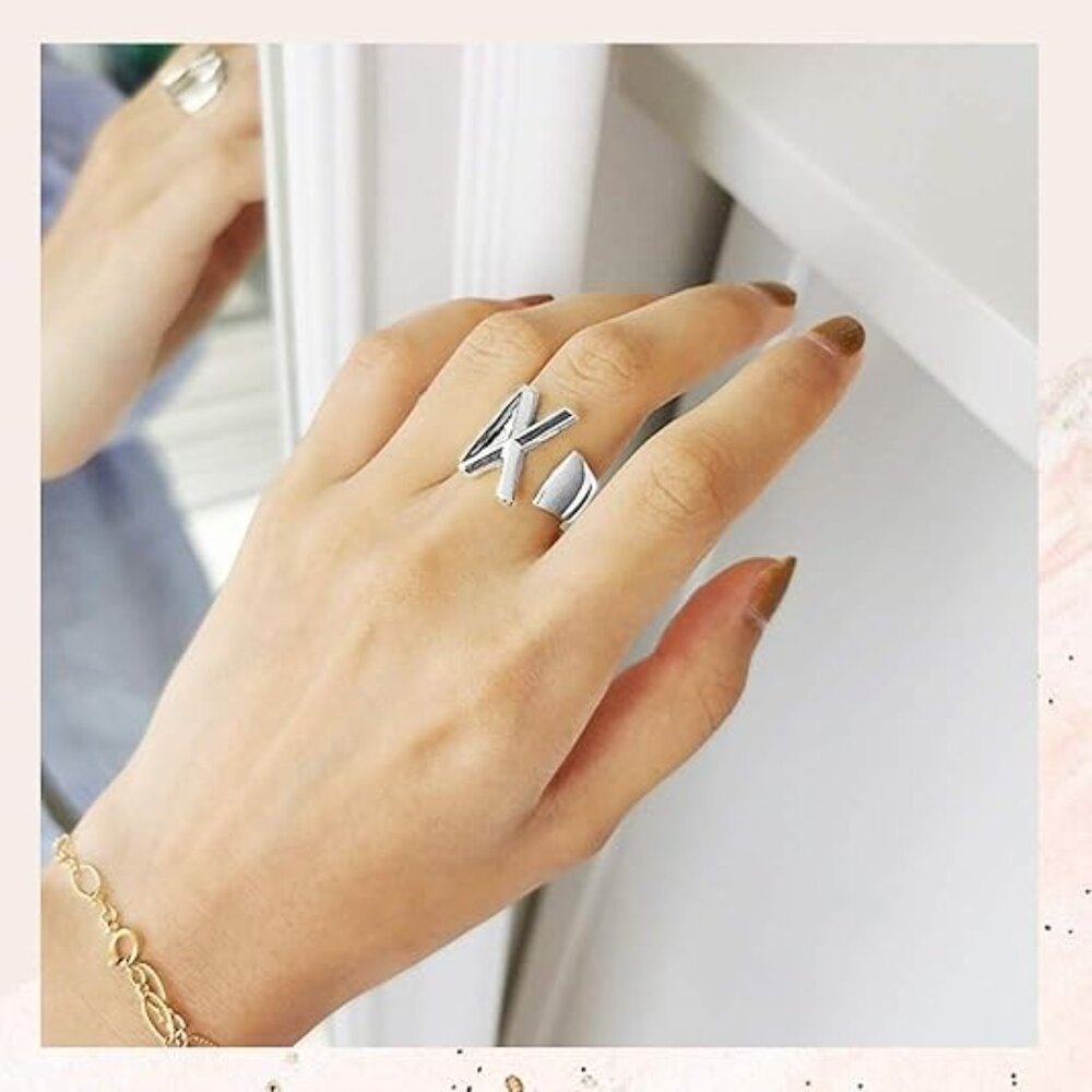 Letter X Initial Silver Rings Adjustable Gold Sta… - image 2